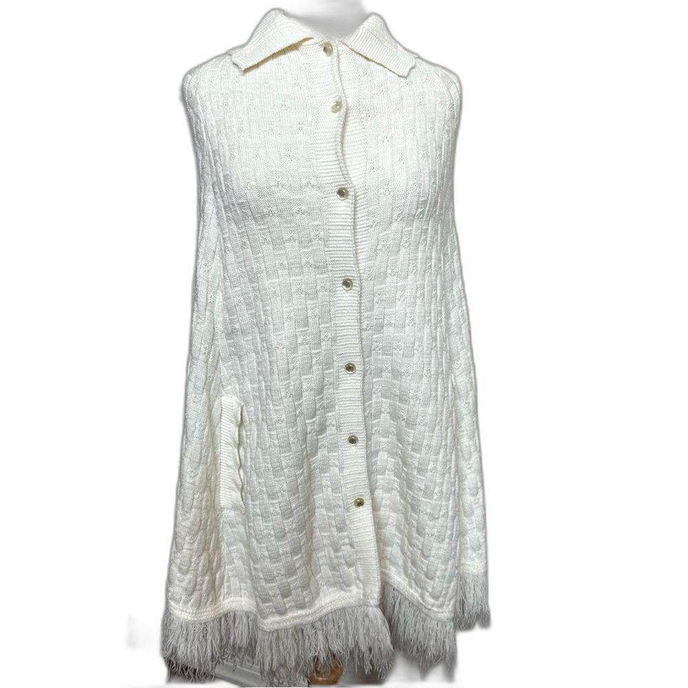 Vintage 60s Union Made Cream Cable Knit Sweater Poncho Cape - Women One Size